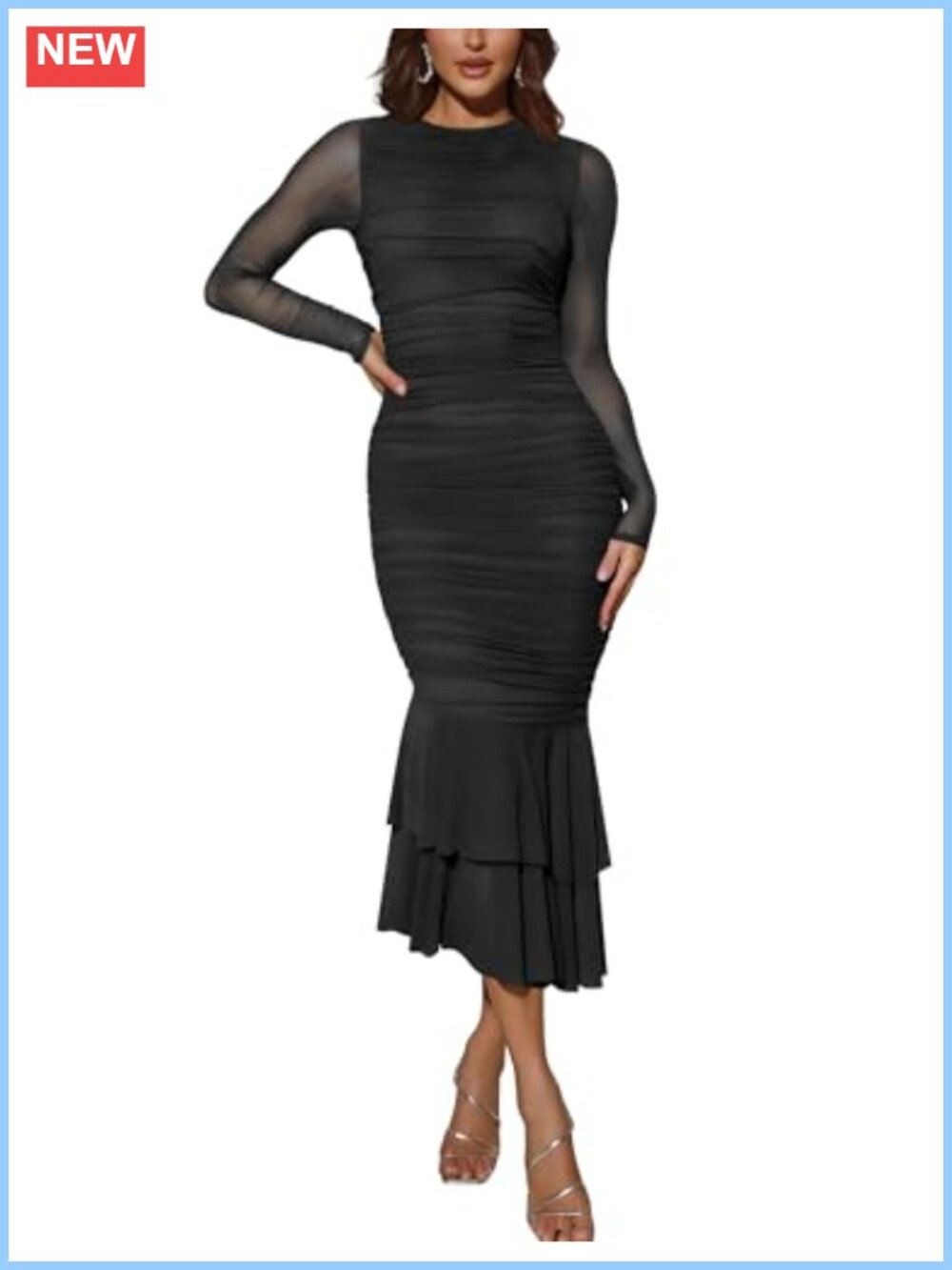 Ruched Mermaid Maxi Dress Long Sleeve Formal Evening Cocktail
